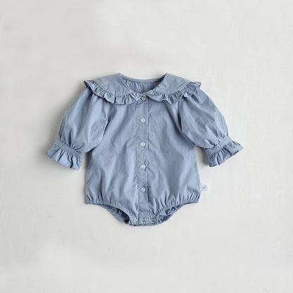 -ベビー フリルカラー  長袖 ブラウス ロンパース ホワイト ブルーガールズ - mamahalo shop - 長袖ロンパース -  べビー服 - 子供服 - 男の子 - 女の子