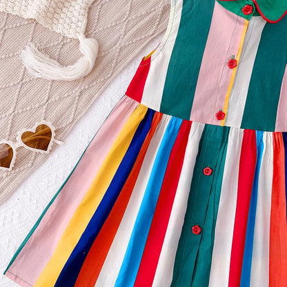 -キッズワンピース 襟付きノースリーブブラウスワンピース カラフルストライプ【mh0004541】 - mamahalo shop - ノースリーブワンピース -  べビー服 - 子供服 - 男の子 - 女の子