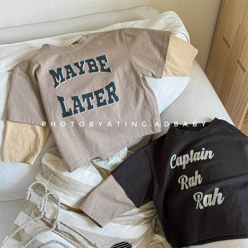 -キッズトップス 袖ドッキングレターロゴプリント長袖Tシャツ 2カラー - mamahalo shop - 長袖Tシャツ -  べビー服 - 子供服 - 男の子 - 女の子