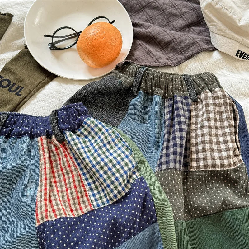 -キッズパンツ 水玉ドットレトロパッチワークルーズワイドデニムパンツ ジーンズジーパン - mamahalo shop - デニムパンツ -  べビー服 - 子供服 - 男の子 - 女の子