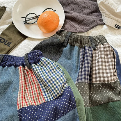 -キッズパンツ 水玉ドットレトロパッチワークルーズワイドデニムパンツ ジーンズジーパン - mamahalo shop - デニムパンツ -  べビー服 - 子供服 - 男の子 - 女の子