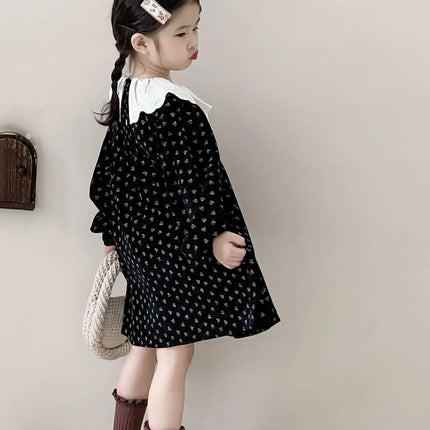 キッズワンピース ラッフル襟フラワープリントレトロ長袖ワンピース - mamahalo shop - 長袖ワンピース -  べビー服 - 子供服 - 男の子 - 女の子