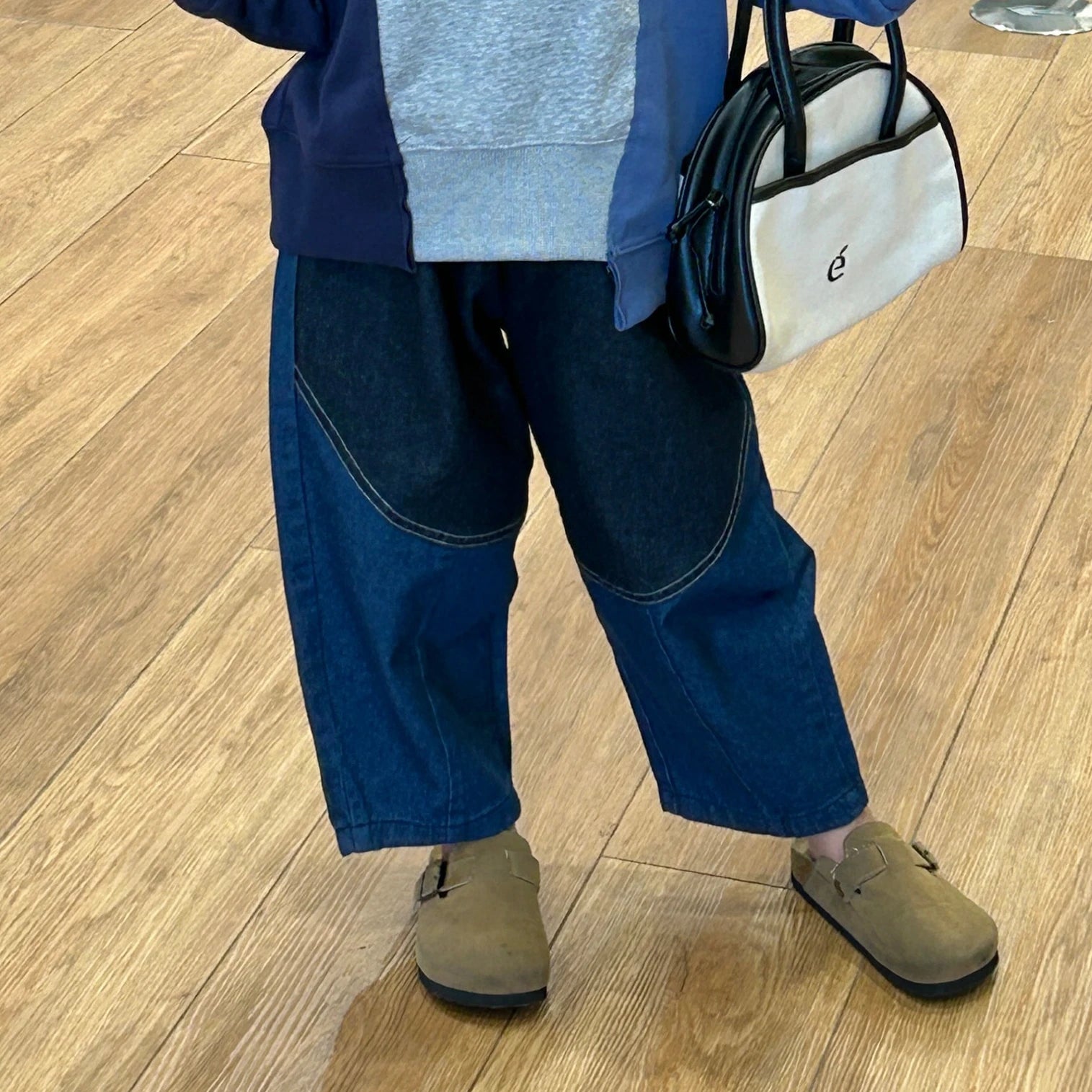 -キッズトップス/パンツ オープンショルダーパッチワークアシメ長袖スウェットシャツ/パッチワークバナナデニムパンツジーンズ【mh0007371】 - mamahalo shop - 長袖セットアップ -  べビー服 - 子供服 - 男の子 - 女の子