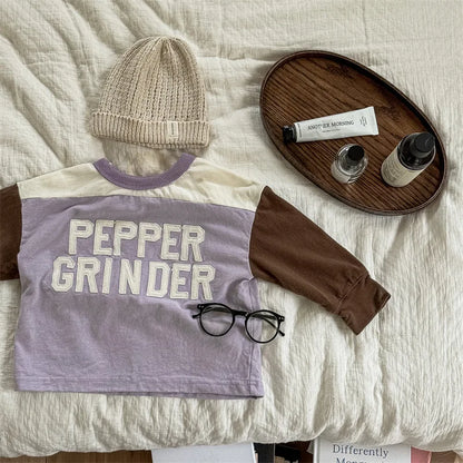 -キッズトップス 長袖Tシャツ ホッケーシャツ パッチワーク レターロゴ刺繍 2カラー - mamahalo shop - 長袖Tシャツ -  べビー服 - 子供服 - 男の子 - 女の子