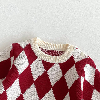 -ベビーロンパース ダイヤチェックピエロニット長袖ジャンプスーツ - mamahalo shop - 長袖ロンパース -  べビー服 - 子供服 - 男の子 - 女の子