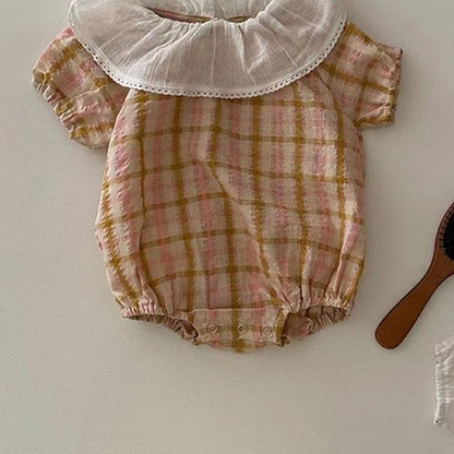 -ベビー フラワー 小花柄 チェック フリルカラー 半袖 ロンパース ホワイト イエローピンク ガールズ【mh0002041】 - mamahalo shop - 半袖ロンパース -  べビー服 - 子供服 - 男の子 - 女の子