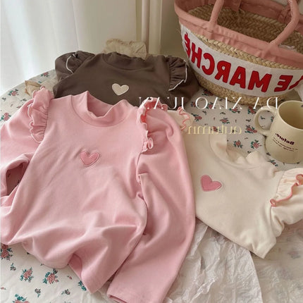 キッズトップス ハート刺繍ショルダーフリル長袖Tシャツ 3カラー - mamahalo shop - 長袖Tシャツ -  べビー服 - 子供服 - 男の子 - 女の子