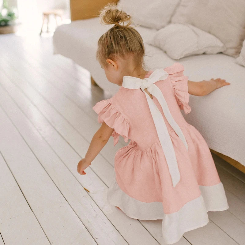 -キッズワンピース バタフライスリーブ プリンセスドレスワンピース コットンリネン ピンク【mh0006284】 - mamahalo shop - 半袖ワンピース -  べビー服 - 子供服 - 男の子 - 女の子
