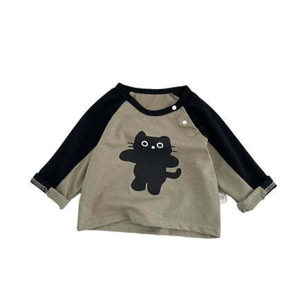 ベビーキッズトップス/パンツ ねこ猫プリントラグランパッチワーク長袖Tシャツ/デニムロングパンツ - mamahalo shop - 長袖セットアップ -  べビー服 - 子供服 - 男の子 - 女の子