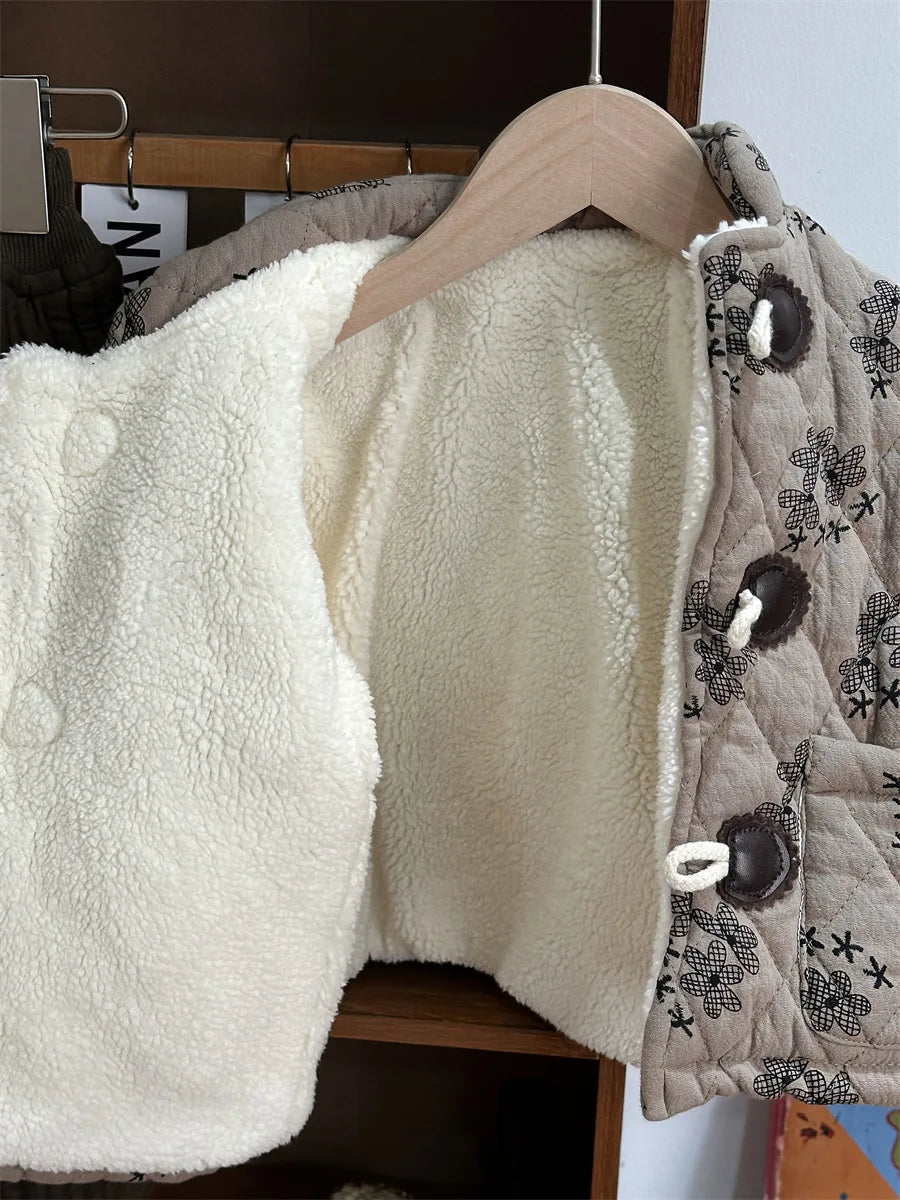 -キッズアウター 花柄フラワープリント 裏ボアフリースキルティングジャケット  ダッフルコート - mamahalo shop - ショートコート・ジャケット・ジャンパー -  べビー服 - 子供服 - 男の子 - 女の子