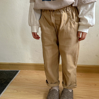 -キッズ シンプル ベーシック ロング ストレート パンツ カーキ ダークグレー ボーイズ【mh0002447】 - mamahalo shop - ロングパンツ・スウェットパンツ -  べビー服 - 子供服 - 男の子 - 女の子