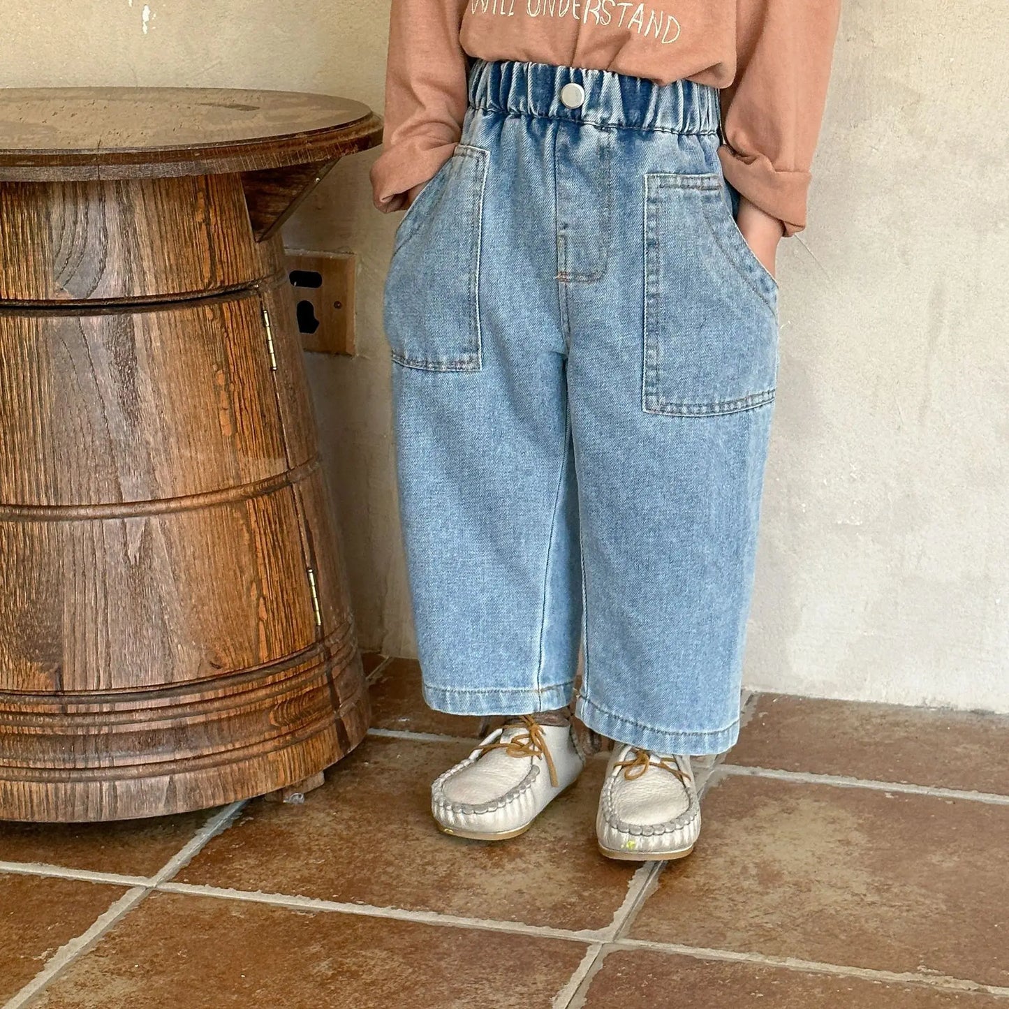 -キッズパンツ デニムルーズワイドパンツ シンプルベーシックジーンズ 2カラー - mamahalo shop - デニムパンツ -  べビー服 - 子供服 - 男の子 - 女の子