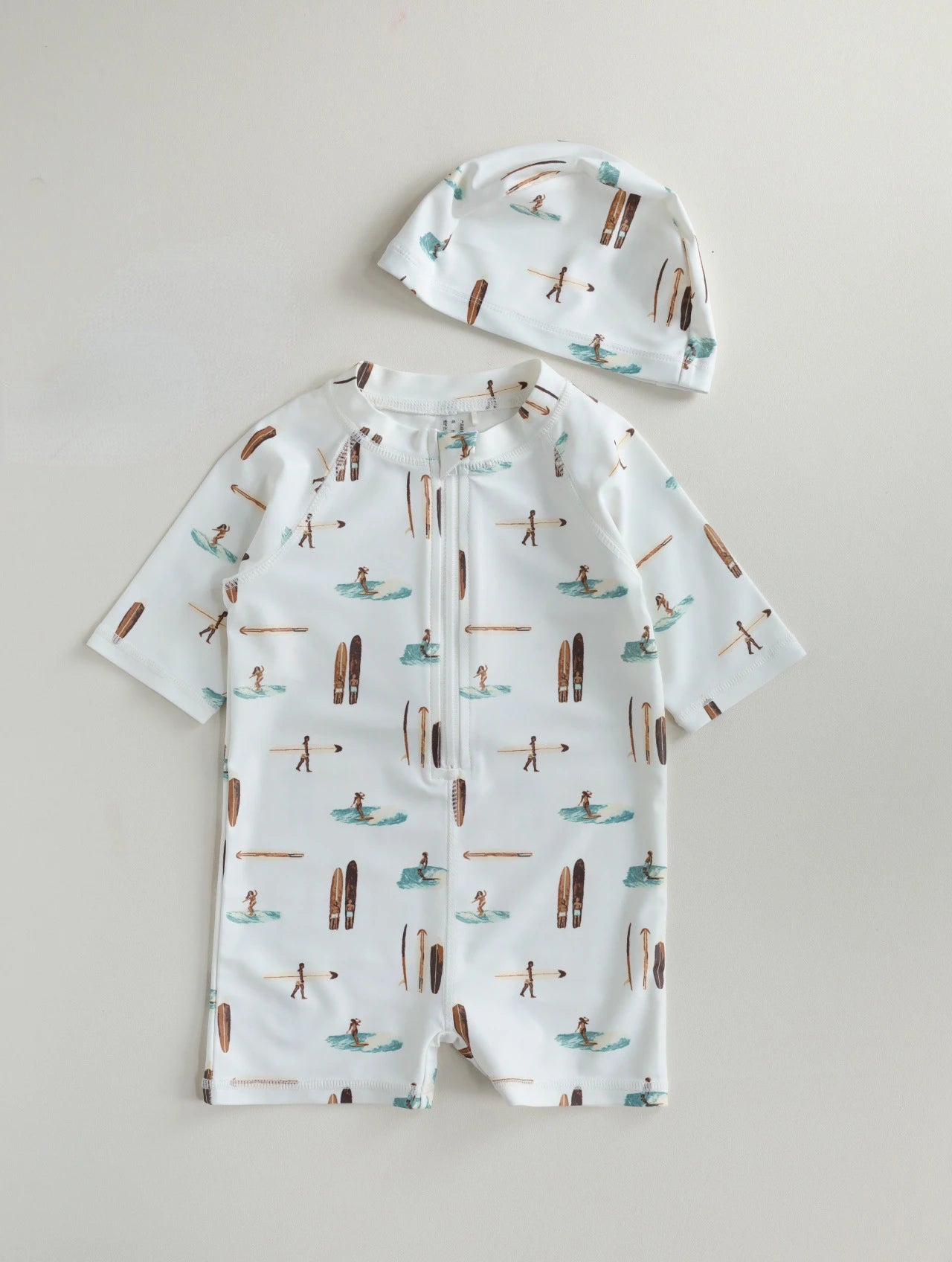 -キッズ水着 ボーイズ 長袖ジップアップつなぎ ワンピース+帽子セット アニマルプリント スイムウェア【mh0005992】 - mamahalo shop - ベビー用水着 -  べビー服 - 子供服 - 男の子 - 女の子