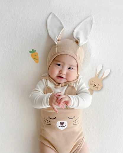-ベビー うさぎ うさ耳 バニー ドッキング 半袖 ロンパース 耳帽子 セット ピンク アプリコット ユニセックス【mh0001994】 - mamahalo shop - 半袖ロンパース -  べビー服 - 子供服 - 男の子 - 女の子