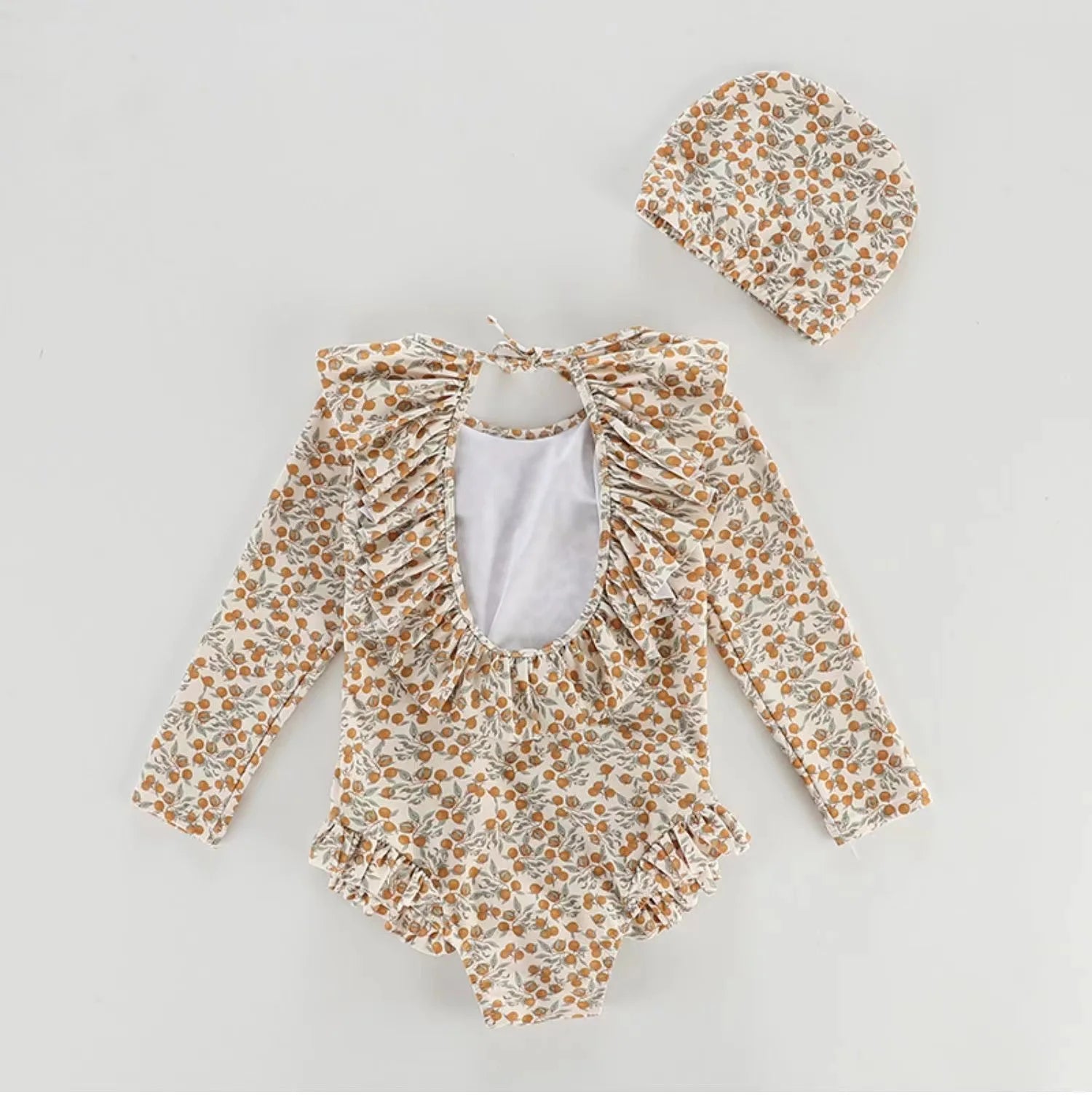 -キッズ水着 帽子セット 長袖ワンピース スイムウェア フリル フラワー花柄プリント 2カラー【mh0004456】 - mamahalo shop - ベビー用水着 -  べビー服 - 子供服 - 男の子 - 女の子