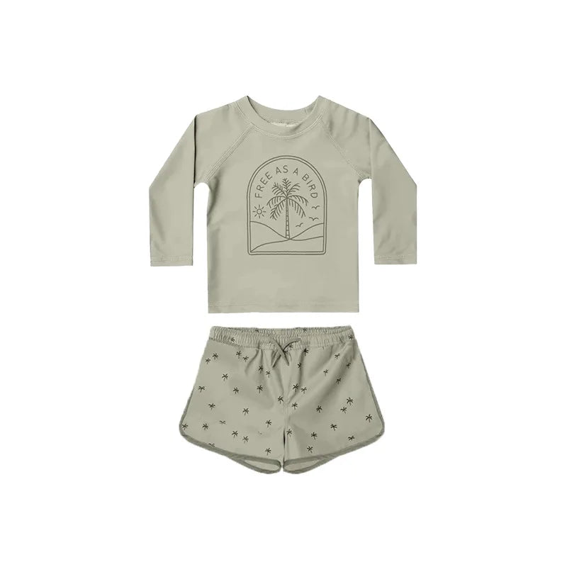 -キッズ水着 ボーイズ 長袖 セパレート トップス+パンツ ストライプ/チェック スイムウェア【mh0005994】 - mamahalo shop - ベビー用水着 -  べビー服 - 子供服 - 男の子 - 女の子