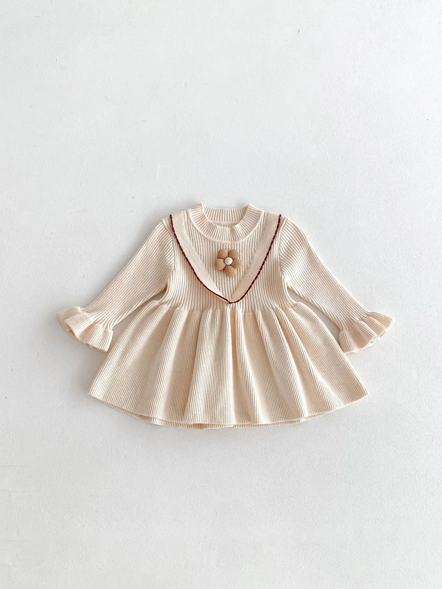 -ベビーキッズ フラワー長袖ベルスリーブニットワンピース 2カラー - mamahalo shop - 長袖ワンピース -  べビー服 - 子供服 - 男の子 - 女の子