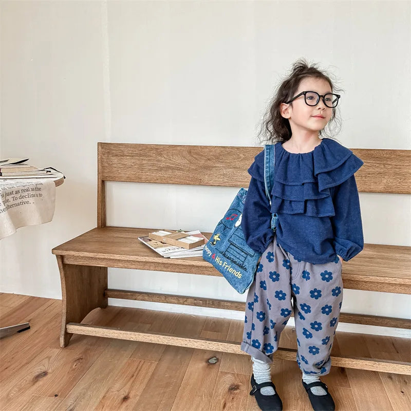 -キッズパンツ ロングルーズパンツ レトロフラワー花柄プリント グレー コーヒー 2カラー - mamahalo shop - ロングパンツ・スウェットパンツ -  べビー服 - 子供服 - 男の子 - 女の子