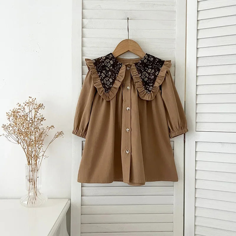 -ベビーロンパース/キッズワンピース レトロフラワービッグ襟長袖パフスリーブボディスーツ/ワンピース リンクコーデ 姉妹 お揃いコーデ - mamahalo shop - 長袖ロンパース -  べビー服 - 子供服 - 男の子 - 女の子