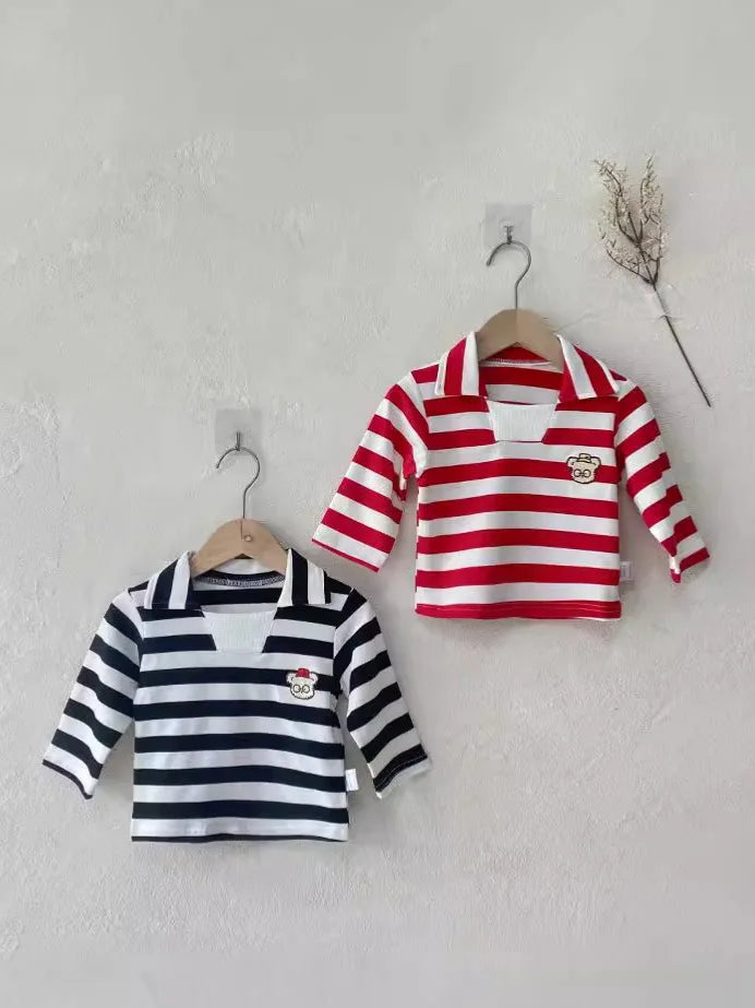 -ベビートップス ベアくまワッペンボーダー長袖ラガーシャツ 2カラー【mh0007070】 - mamahalo shop - 長袖Tシャツ -  べビー服 - 子供服 - 男の子 - 女の子