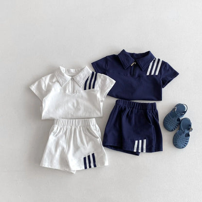 -キッズセットアップ 2点セット ライン入り 半袖ポロシャツ+ショートパンツ スポーツ 2カラー【mh0005246】 - mamahalo shop - 半袖セットアップ -  べビー服 - 子供服 - 男の子 - 女の子