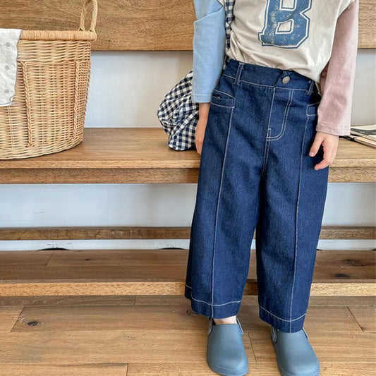 -キッズパンツ デニムパンツ ワイドストレートジーンズ バギーパンツ ジーパン 2カラー - mamahalo shop - デニムパンツ -  べビー服 - 子供服 - 男の子 - 女の子
