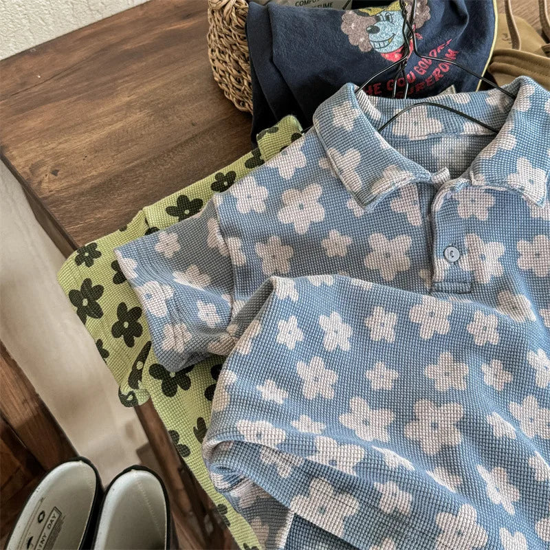 -キッズトップス 半袖ポロシャツ レトロフラワープリント 2カラー【mh0005445】 - mamahalo shop - 半袖シャツ・ブラウス -  べビー服 - 子供服 - 男の子 - 女の子