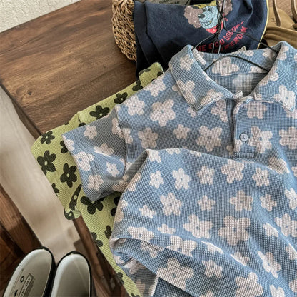 -キッズトップス 半袖ポロシャツ レトロフラワープリント 2カラー【mh0005445】 - mamahalo shop - 半袖シャツ・ブラウス -  べビー服 - 子供服 - 男の子 - 女の子