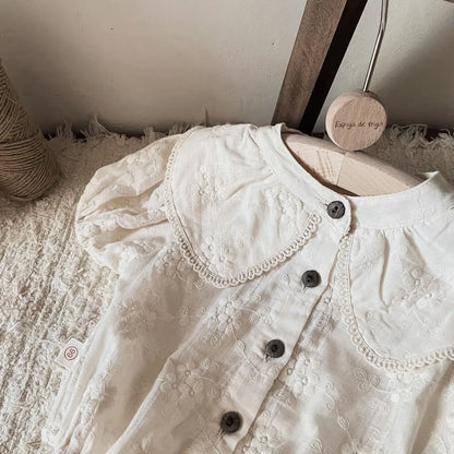 -ベビーロンパース 半袖ボディスーツ ビッグ襟 ベージュ - mamahalo shop - 半袖ロンパース -  べビー服 - 子供服 - 男の子 - 女の子