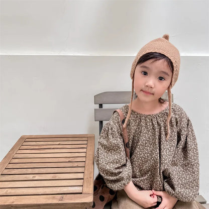 -キッズ フラワー 長袖 パフスリーブ ブラウス スモック - mamahalo shop - 長袖シャツ・ブラウス -  べビー服 - 子供服 - 男の子 - 女の子