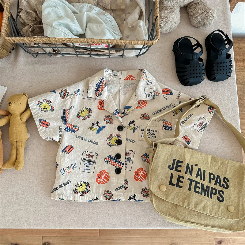 -キッズトップス 半袖シャツ アロハシャツ アメリカンプリント 2カラー - mamahalo shop - 半袖シャツ・ブラウス -  べビー服 - 子供服 - 男の子 - 女の子