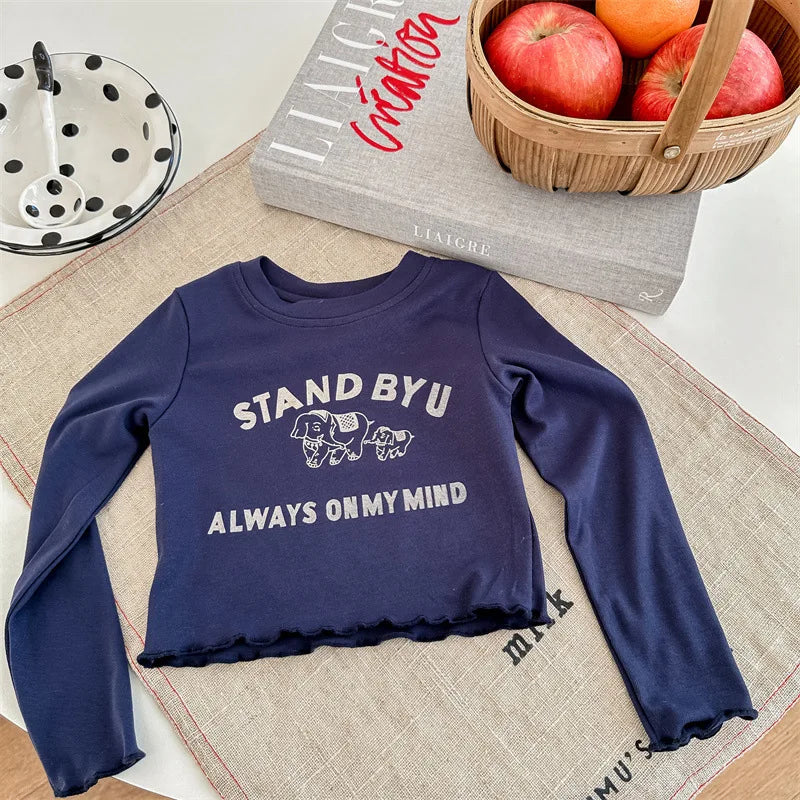 -キッズトップス 長袖Tシャツ 裾袖フリル レターロゴプリント ベージュ/ブルー/2カラー - mamahalo shop - 長袖Tシャツ -  べビー服 - 子供服 - 男の子 - 女の子