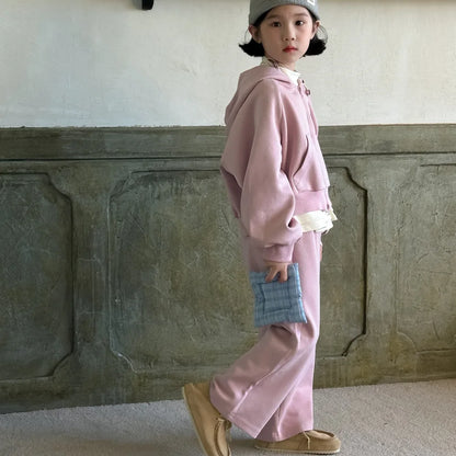 -キッズセットアップ 2点セット ペプラムフリルドッキングフーディジッパー長袖スウェットパーカー+スウェットロングパンツ ピンク【mh0007344】 - mamahalo shop - 長袖セットアップ -  べビー服 - 子供服 - 男の子 - 女の子