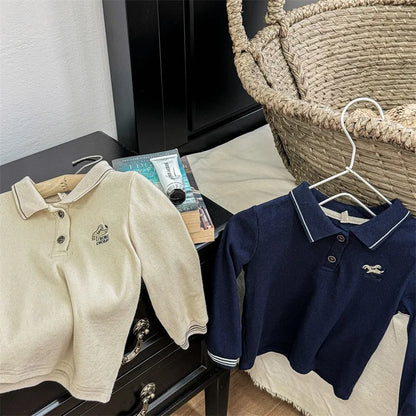 -キッズトップス 犬刺繍ワンポイント長袖ポロシャツ 2カラー - mamahalo shop - 長袖シャツ・ブラウス -  べビー服 - 子供服 - 男の子 - 女の子