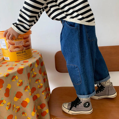 -キッズパンツ デニムパンツ 膝パッチ レトロ ジーンズ ジーパン【mh0006543】 - mamahalo shop - デニムパンツ -  べビー服 - 子供服 - 男の子 - 女の子