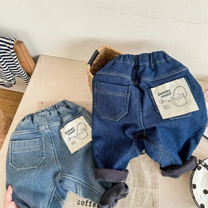 -キッズパンツ デニムパンツ 裏フリース 暖パン ワンポイントタグ ジーンズ ジーパン ブルー 2カラー ボーイズ 男の子 子供服 - mamahalo shop - デニムパンツ -  べビー服 - 子供服 - 男の子 - 女の子
