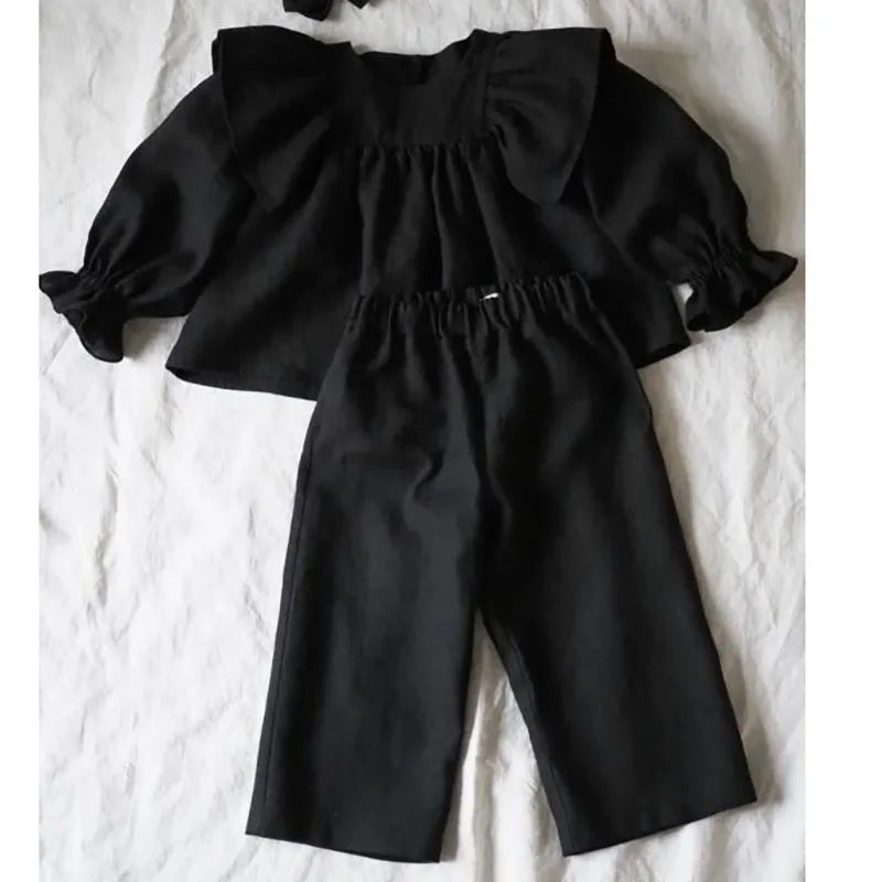 -キッズセットアップ 2点セット 長袖ショルダーフリルチュニックブラウス アンクルルーズパンツ ブラックスーツ - mamahalo shop - 長袖セットアップ -  べビー服 - 子供服 - 男の子 - 女の子