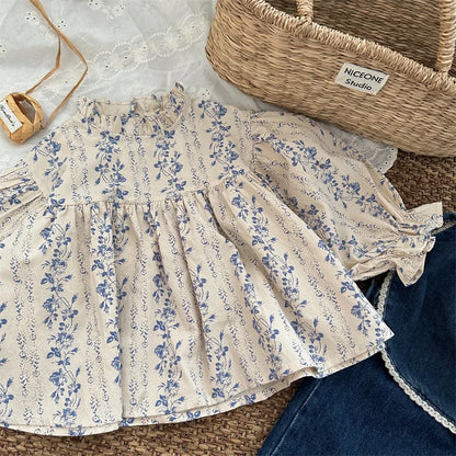 -キッズトップス フリルスタンドカラーフラワーストライププリント長袖パフスリーブチュニックブラウス - mamahalo shop - 長袖シャツ・ブラウス -  べビー服 - 子供服 - 男の子 - 女の子