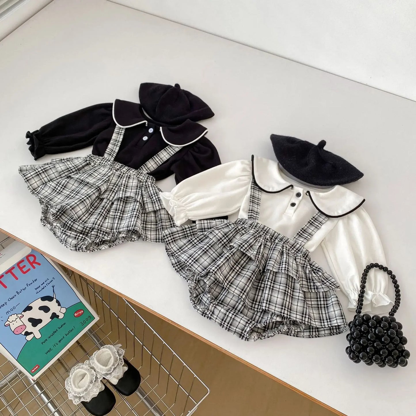 -ベビートップス/パンツ 丸襟長袖ブラウス/チェックサスペンダーフリルスカートブルマパンツ - mamahalo shop - 長袖セットアップ -  べビー服 - 子供服 - 男の子 - 女の子