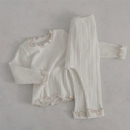 -ベビーセットアップ 2点セット プリーツ加工フリル長袖Tシャツ+プリーツ加工ロングパンツ 5カラー - mamahalo shop - 長袖セットアップ -  べビー服 - 子供服 - 男の子 - 女の子