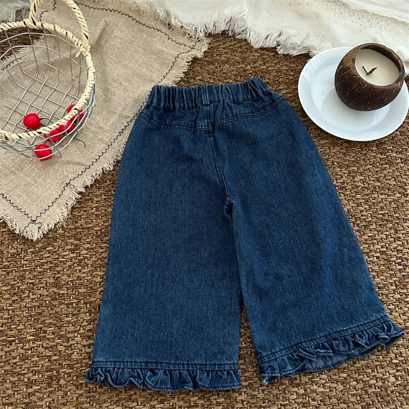 -キッズパンツ 裾フリルボーダーアクセントワイドルーズデニムパンツ ジーンズ【mh0007080】 - mamahalo shop - デニムパンツ -  べビー服 - 子供服 - 男の子 - 女の子