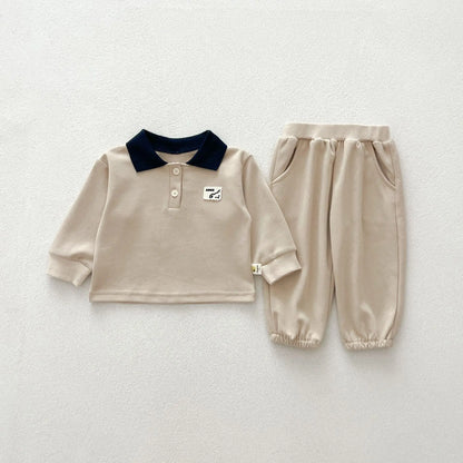 -ベビーキッズセットアップ 2点セット バックプリント長袖ポロシャツ+ロングパンツ 2カラーベビーキッズセットアップ 2点セット バックプリント長袖ポロシャツ+ロングパンツ 2カラー【mh0007225】 - mamahalo shop - 長袖セットアップ -  べビー服 - 子供服 - 男の子 - 女の子