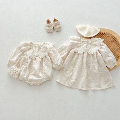 -ベビーロンパース/キッズワンピース レース刺繍襟長袖ボディスーツ/ワンピース リンクコーデ 姉妹 お揃いコーデ - mamahalo shop - 長袖ロンパース -  べビー服 - 子供服 - 男の子 - 女の子