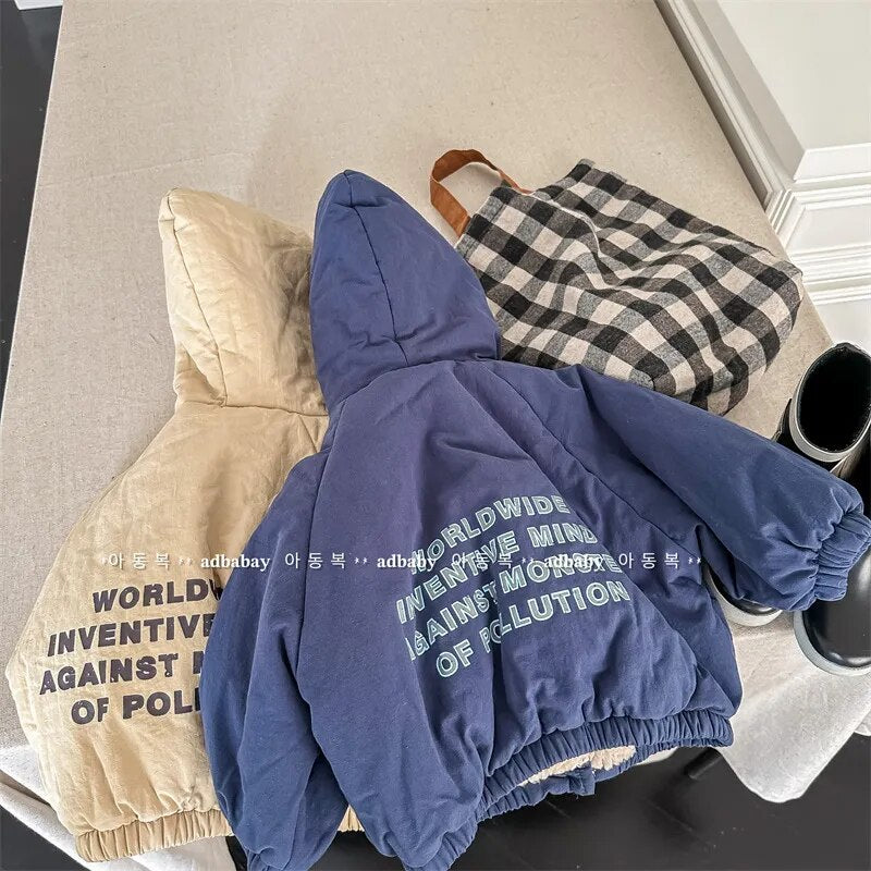 -キッズ レターロゴ 裏ボアフリース ジャンパー ジャケット コート アウター - mamahalo shop - ショートコート・ジャケット・ジャンパー -  べビー服 - 子供服 - 男の子 - 女の子