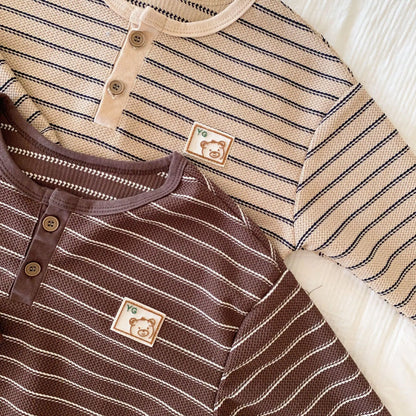 -キッズトップス ボーダーベアくまワンポイントヘンリーネック長袖Tシャツ 2 カラー - mamahalo shop - 長袖Tシャツ -  べビー服 - 子供服 - 男の子 - 女の子