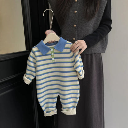 -ベビージャンプスーツ 長袖ポロシャ ニットロンパース ボーダー柄 - mamahalo shop - 長袖ロンパース -  べビー服 - 子供服 - 男の子 - 女の子