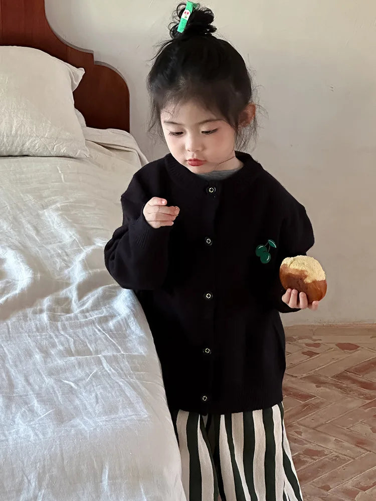 -キッズカーディガン ボーダー/無地チェリー刺繍ニットジャケット 2カラー - mamahalo shop - カーディガン・パーカー -  べビー服 - 子供服 - 男の子 - 女の子