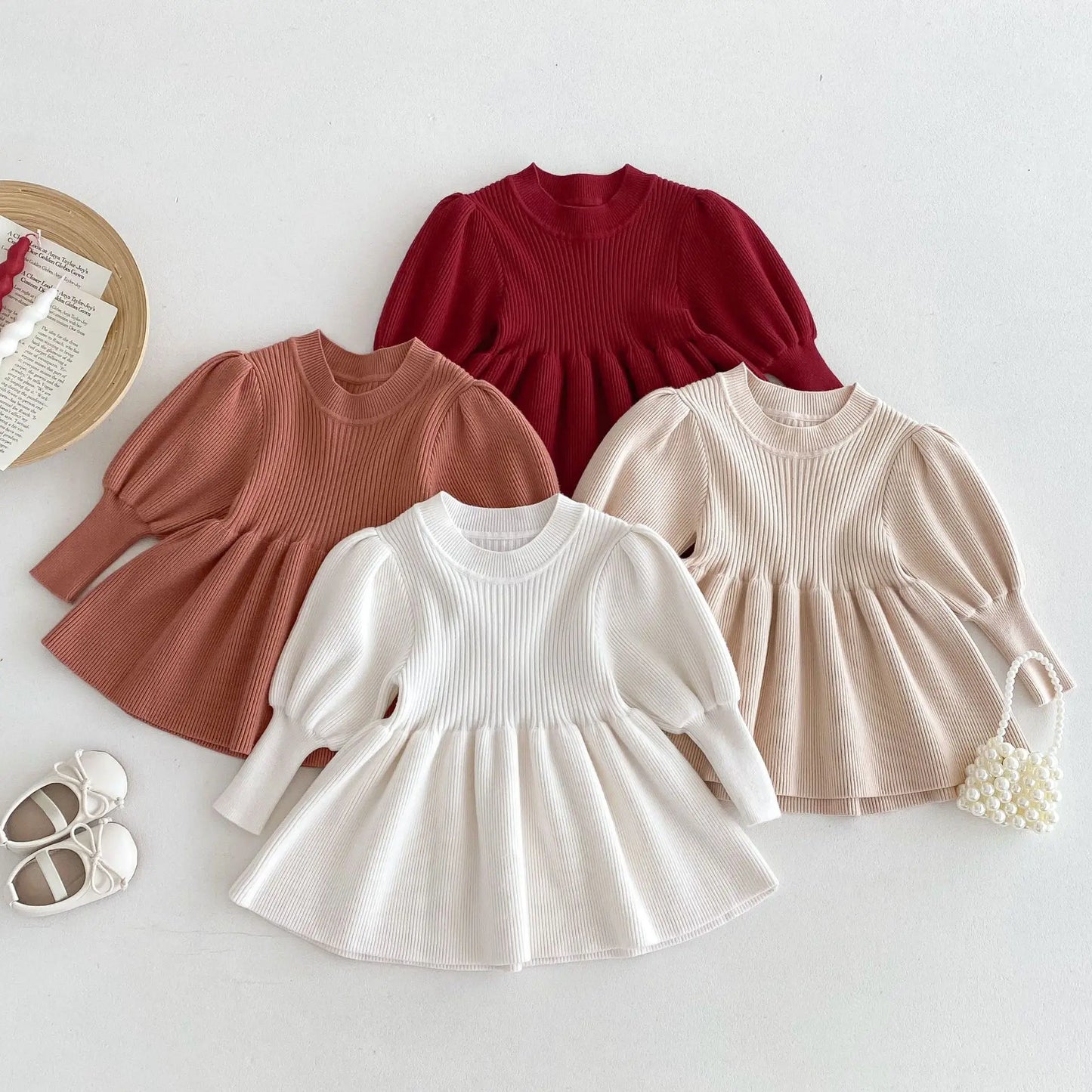 -ベビーキッズワンピース 長袖パフスリーブニットドレスミニワンピース 4カラー - mamahalo shop - 長袖ワンピース -  べビー服 - 子供服 - 男の子 - 女の子