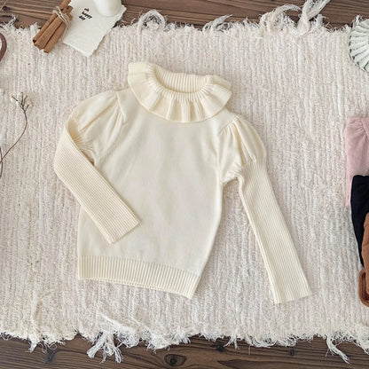 -ベビーキッズトップス ラッフル襟ニット長袖パフスリーブカットソーセーター 3カラー - mamahalo shop - ニット・セーター -  べビー服 - 子供服 - 男の子 - 女の子