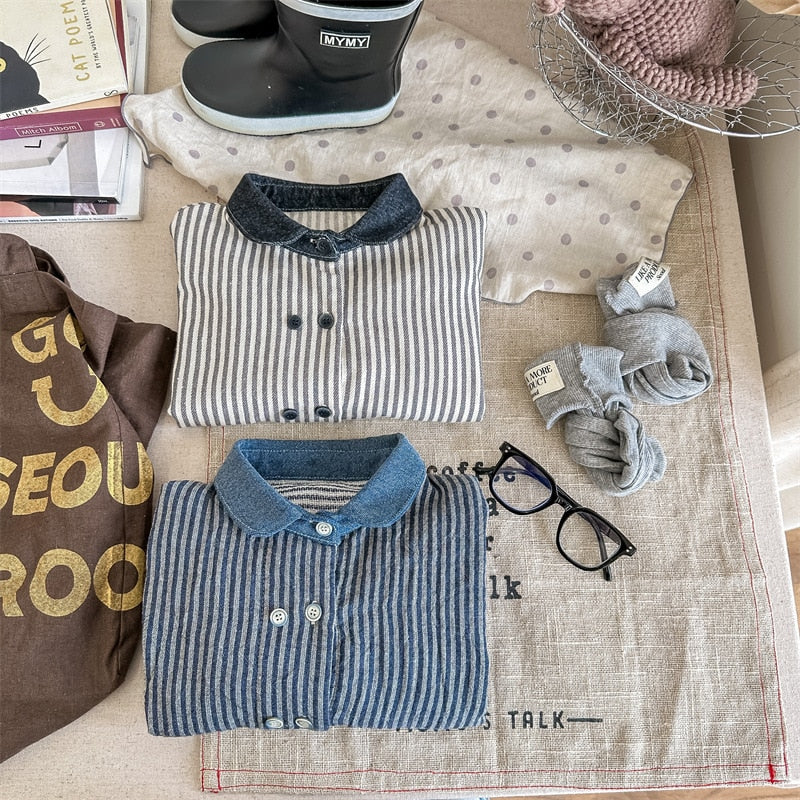 -キッズ ストライプ 長袖 シャツ ブラウス ボーイズ - mamahalo shop - 長袖シャツ・ブラウス -  べビー服 - 子供服 - 男の子 - 女の子